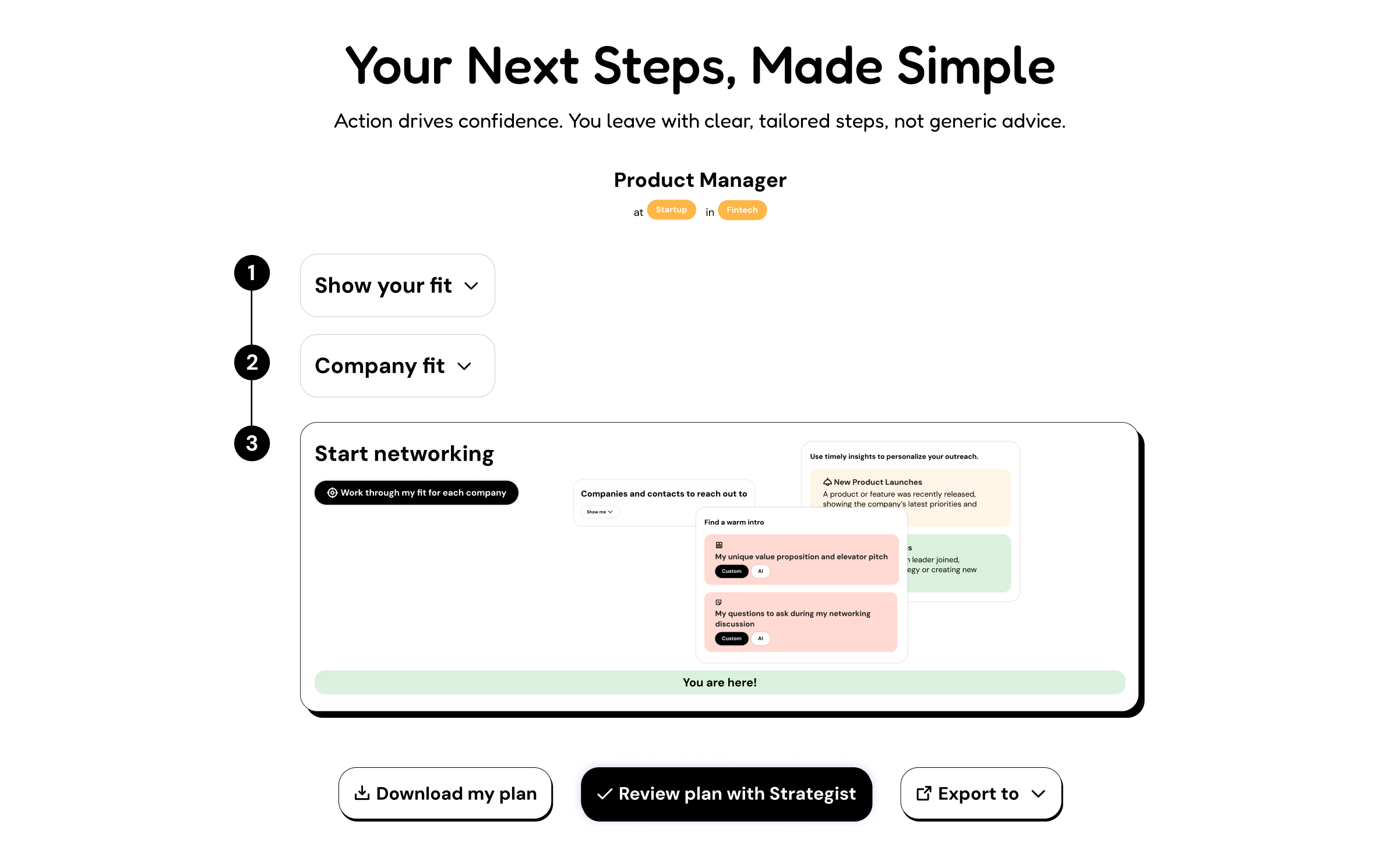 Action Plan interface showing personalized roadmap and tasks