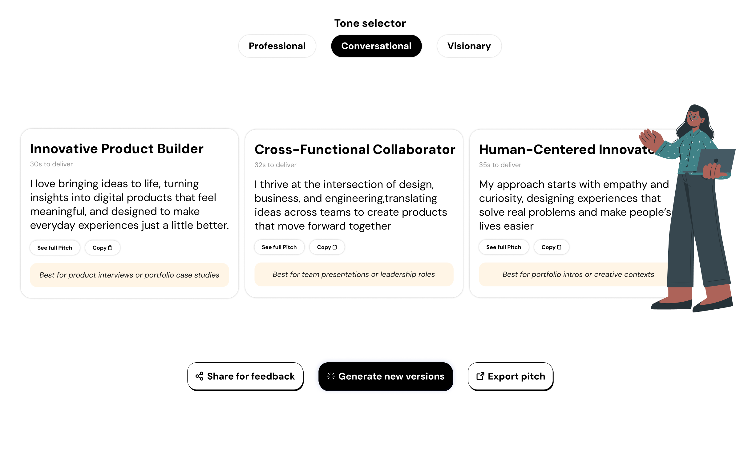 Elevator pitch builder showing personalized pitch versions